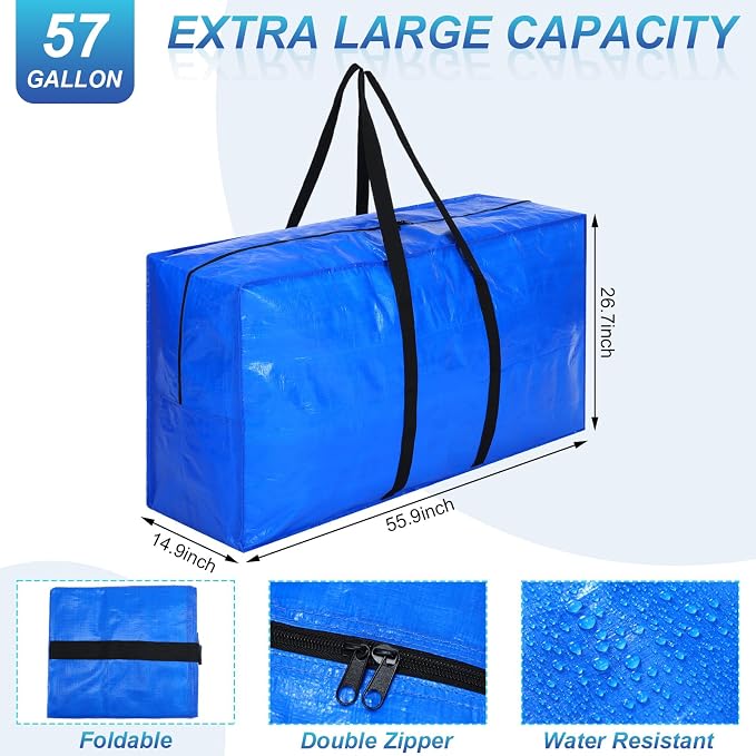Windyun 4 Pack 98 Gallon Extra Large Moving Bags XXL Heavy Duty Storage Bag with Strong Zipper Handle Jumbo Big Tote Box Foldable for College Dorm Travel Clothes Duffle Blanket Pillow(Blue) - Image 2