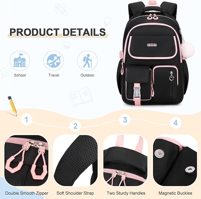 DIGOBAY Backpacks for Girls, 3PCS School Backpack with Lunch Box Pencil Pouch for Teen Girls Kids Elementary Primary Middle High College School Bookbag Set （Black-Pink） - Image 5