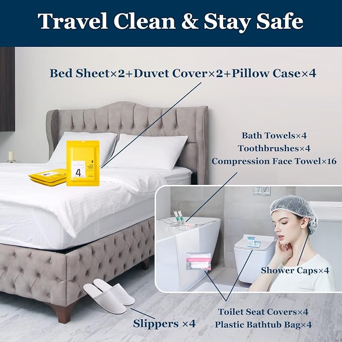 Extguds Disposable Travel Set : Bed Sheet×2+Duvet Cover×2+Pillow case×4+Bath Towels×4+Shower Caps×4+Plastic Bathtub Bag×4+Toilet Seat Covers×4+Compression face Towel×16+Toothbrushes×4+Slippers×4 - Image 5