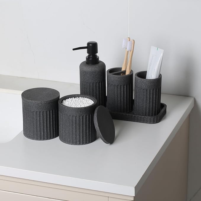 INIUNIK Bathroom Accessory Set - 6 Pieces Bathroom Accessories Set Complete with Soap Dispenser, Toothbrush Holders, Tumbler, Vanity Tray and 2 Qtip Holder for Home Organizer and Decor, Dark Grey - Image 4