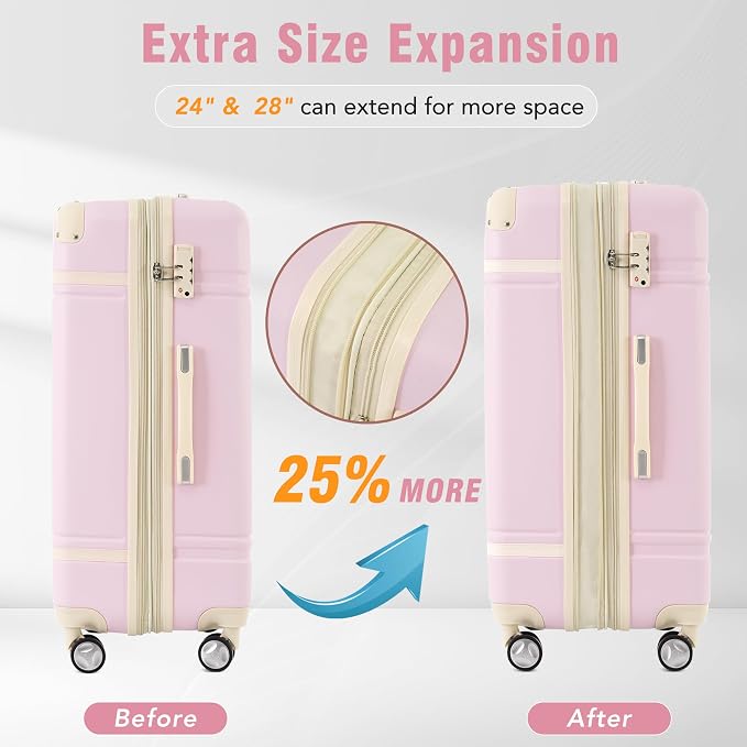 Merax Luggage Set 3 Piece Suitcase Set with Cosmetic Case Expandable Spinner Wheels Vintage Luggage Sets(Light Pink,20"+24"+28") - Image 3
