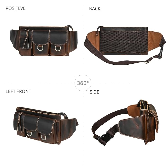 Water Resistant Canvas + Leather Hiking Riding Travel Fanny Waist Pack Small Phone Pouch For Men Women FB811-29 (100% Leather-The 341 Coffee) - Image 4