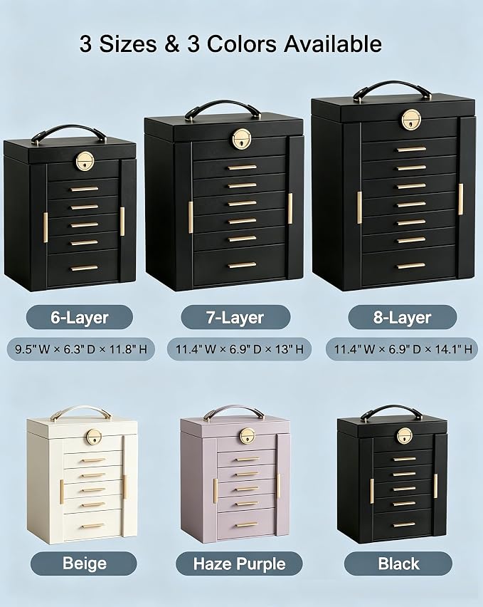 Lolalet Large Jewelry Box Organizer for Women, 7-Layer Jewelry Organizers and Storage Case with Mirror & 6 Drawers, Lockable Watch Ring Earring Bracelet Necklace Holder Girls Gift -7Layer, Black - Image 4