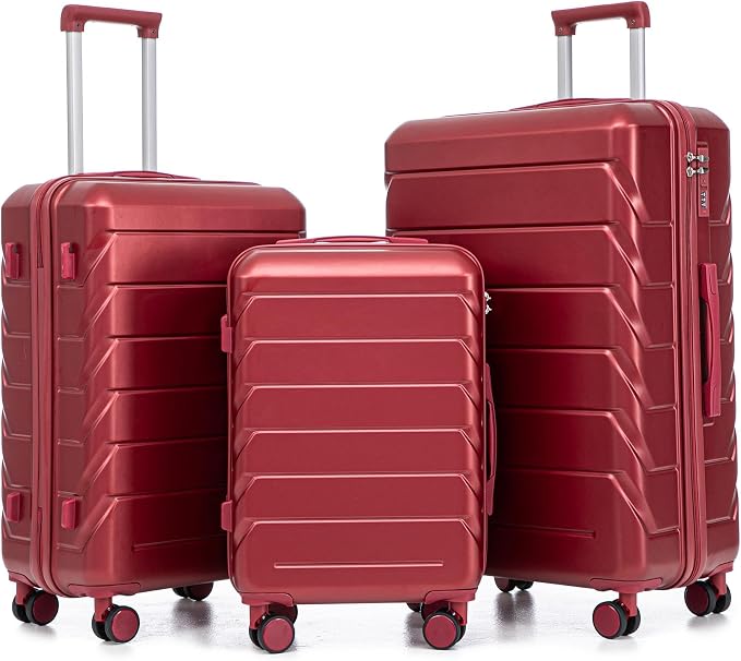 Hardshell Luggage Sets, Lightweight Stripes Suitcases with Spinner Wheels, Red-220 by Merax