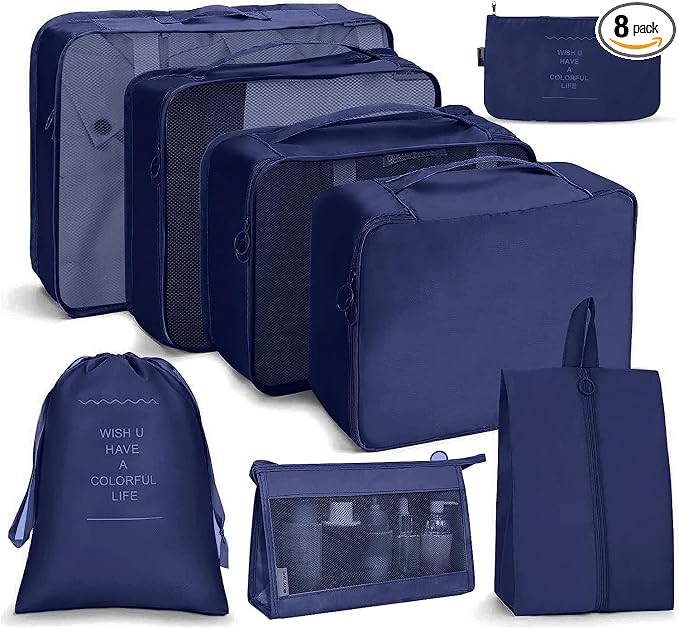 8 Pcs Packing Cubes, Travel Luggage Organizer for Men and Women, Toiletry Bag, Packing Cubes for Travel - Set of 8, 1.Navy Blue, 8 Pieces Set, Travel Accessories by Unknown