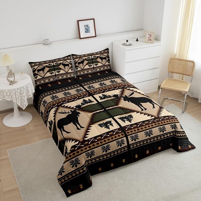 Erosebridal Moose Comforter Set for Kids Boys Girls Rustic Hunting Animal Bedding Sets Full Farmhouse Wild Animal Sketch Quilt Western Tribal Duvet Insert with 2 Pillowcases Lightweight - Image 4
