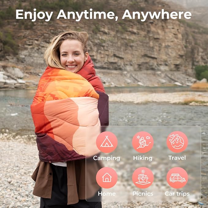 KingCamp Ultralight Camping Blanket, Packable Down Alternative Puffy Printed Wearable Blanket with Snap Buttons & Corner Loops Weatherproof Quilt for Outdoor Travel Stadium (78.7"L x 57.1"W, ORANGE) - Image 5