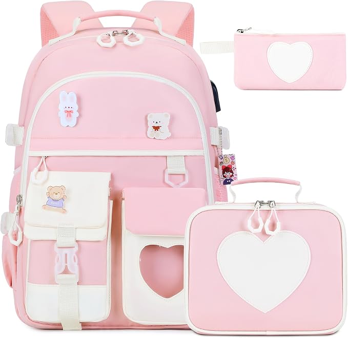 ACESAK Backpack for Girls - Bookbag Backpacks Schoolbag for Girls Kids Teen Women Casual Travel Daypacks - School Bag Elementary Middle School College Cute Backpack with Lunch Box (Pink White) by ACESAK