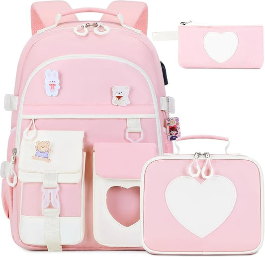 ACESAK Backpack for Girls - Bookbag Backpacks Schoolbag for Girls Kids Teen Women Casual Travel Daypacks - School Bag Elementary Middle School College Cute Backpack with Lunch Box (Pink White) by ACESAK