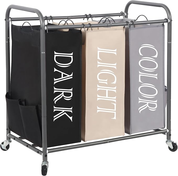 STORAGE MANIAC 3 Section Laundry Sorter, 35.6 Gal (135 L) Laundry Hamper Cart with Heavy Duty Rolling Lockable Wheels and Removable Bags, Clothes Organizer Basket Separator Hamper, Multicolored by STORAGEMANIAC