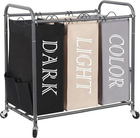 STORAGE MANIAC 3 Section Laundry Sorter, 35.6 Gal (135 L) Laundry Hamper Cart with Heavy Duty Rolling Lockable Wheels and Removable Bags, Clothes Organizer Basket Separator Hamper, Multicolored by STORAGEMANIAC