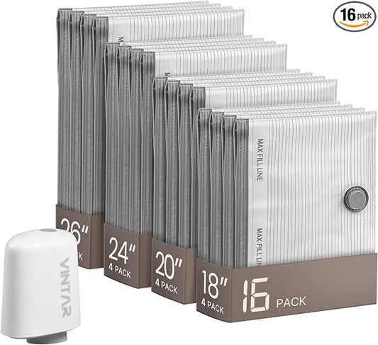 Vacuum Seal Bags for Clothing Travel with Rechargeable Cordless Pump, VINTAR 16 Pack Space Saver Vacuum Storage Bags, Travel Vacuum Compression Bags Set for Luggage Clothes Bedding Blanket by VINTAR