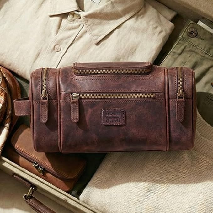LEATHER VILLAGE Genuine Leather Travel Dopp Kit for Men & Women – Water-Resistant Large-Capacity Hanging Toiletry Bag for Travel, Grooming, Bathroom Organization, Shaving Essentials & Gym Use - Cherry - Image 7