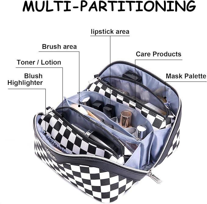 BOYATU Travel Makeup Bag Cosmetic Bags for Women: Large Make up Bags Set of 3 - Portable Makeup Organizer with Compartments&Handle&Divider - Waterproof PU Leather Toiletry Bag(A-5-Checkered Mix Black) - Image 6