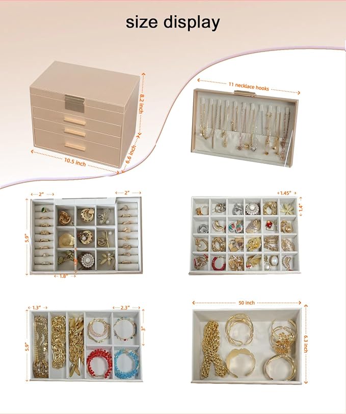 BOOVO Jewelry Boxes for Women, White and Black 6 Layer Large Jewelry Box for Necklace, Bracelet, Earrings, Rings Storage, Jewelry holder Organizer for Girls Gift (Champagne, 5 Layer) - Image 4