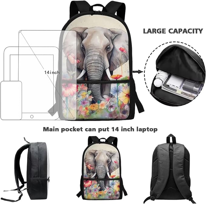 Backpack Set for Student Retro Floral Elephant Print Schoolbag Large Capacity Bookbag Lunch Kits Pencil Case 17 Inch Travel Laptop Backpacks Rucksack Fashion Daypack for Outdoor - Image 3