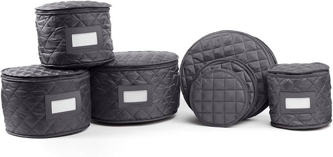 Covermates Keepsakes Dish Storage Set – Padded China & Dinnerware Storage Cases with Dividers, Cup & Stemware Storage, Quilted Polyester Protection, ID Window, Slate by Covermates