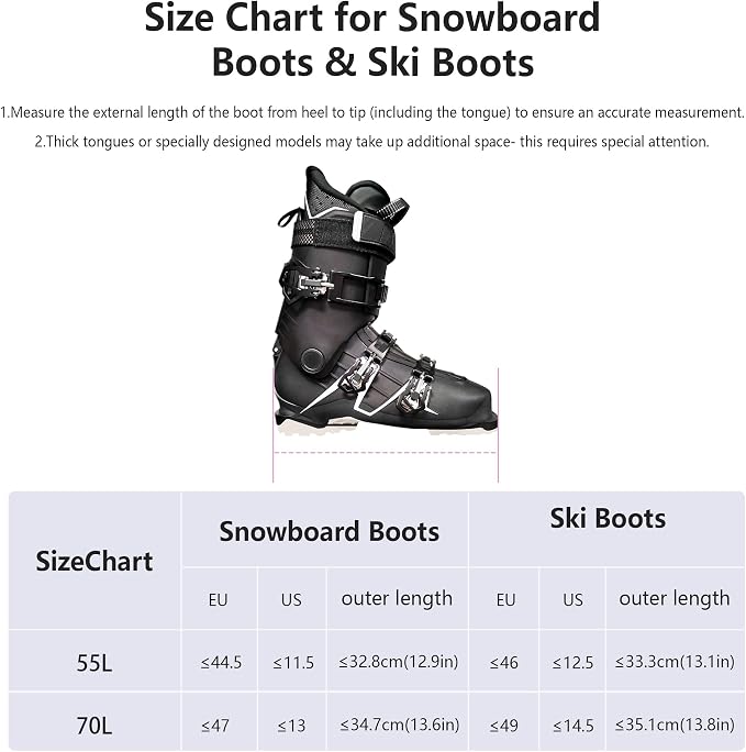 Ski Boot Bag, 55L/70L Waterproof Ski and Snowboard Boots Travel Backpack for Skis, Snowboard, Ski Helmet, Goggles, Gloves & Accessories - Image 7
