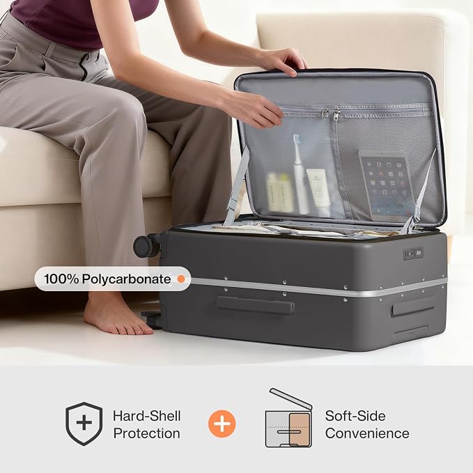 mixi 24 Inch Checked Luggage PC Hard Shell Suitcase Top Opening Aluminum Frame Travel Suitcases with Wheels, Rock Gray - Image 4