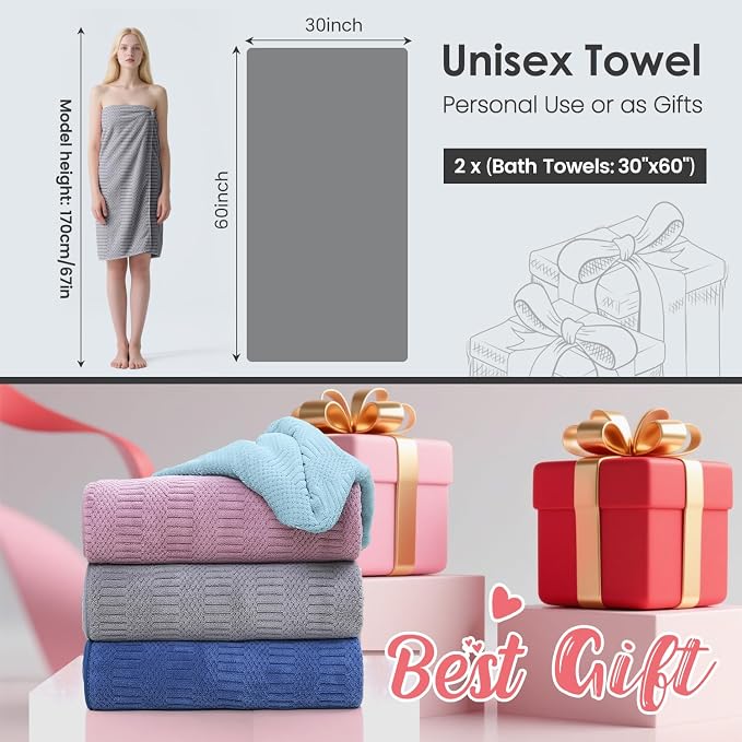 JML Bath Towels Set of 2, 30" x 60", Large Microfier Body Towel for Adult, Oversized, Soft, Super Absorbent, Fast Drying, Use for Sauna, Salon, Gym,Sport, Fitness, Yoga, Diamond Cross Grid Gray - Image 2