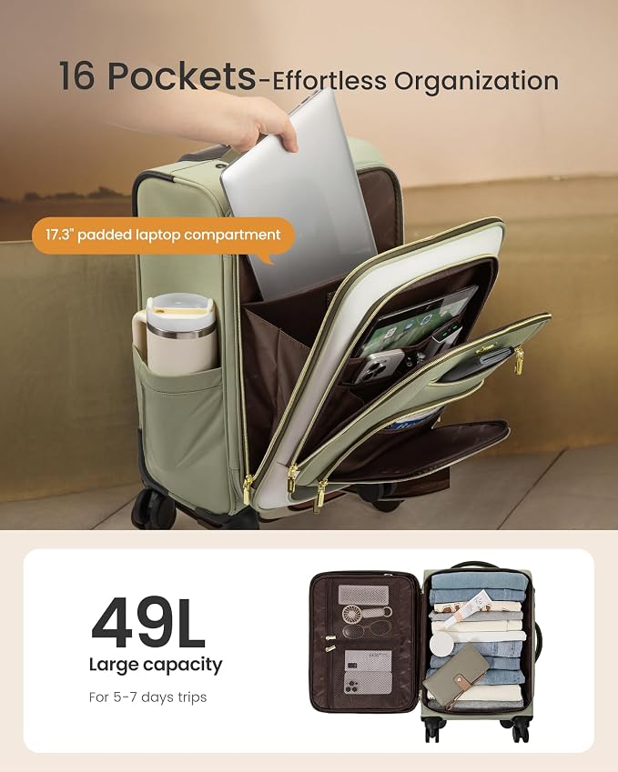 LOVEVOOK Carry on Luggage 22x14x9 Airline Approved with Garment Folder & Spinner Wheels, 22 Inch Large Rolling Carry-on Suitcase, Softside Lightweight Underseat Luggage for Women Travel Overnight, 49L - Image 4
