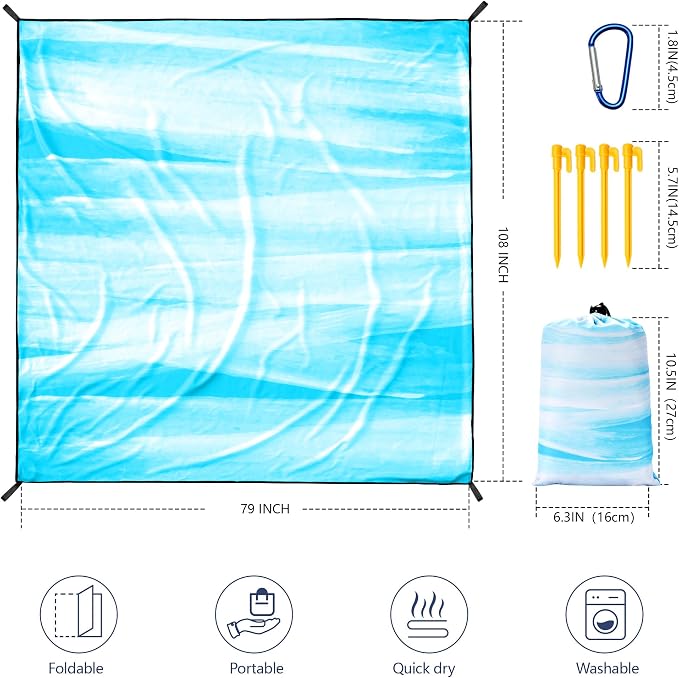 WIWIGO Beach Blanket Waterproof Sandproof Beach Mat 79" X 83"/10'x9'for 2-8 Adults Quick Drying Outdoor Picnic Mat Beach Accessories for Travel, Camping, Hiking - Image 2