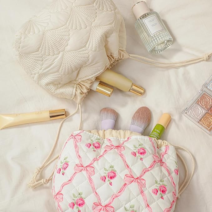 RSRSLEII Quilted Cotton Coquette Drawstring Makeup bag, Coastal Granddaughter Aesthetic Cosmetic Bag, Cute Seashell Portable Travel Toiletry Pouch (Drawstring White) - Image 6