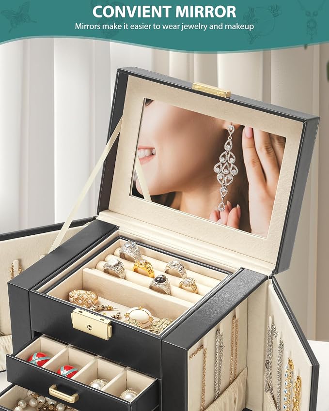 AKOZLIN 5-Tier Jewelry Box Leather Jewelry Storage Organizer with 4 Drawers Lockable for Women Girls Ring Necklace Earring Bracelet Watches Holder with Mirror Black - Image 7