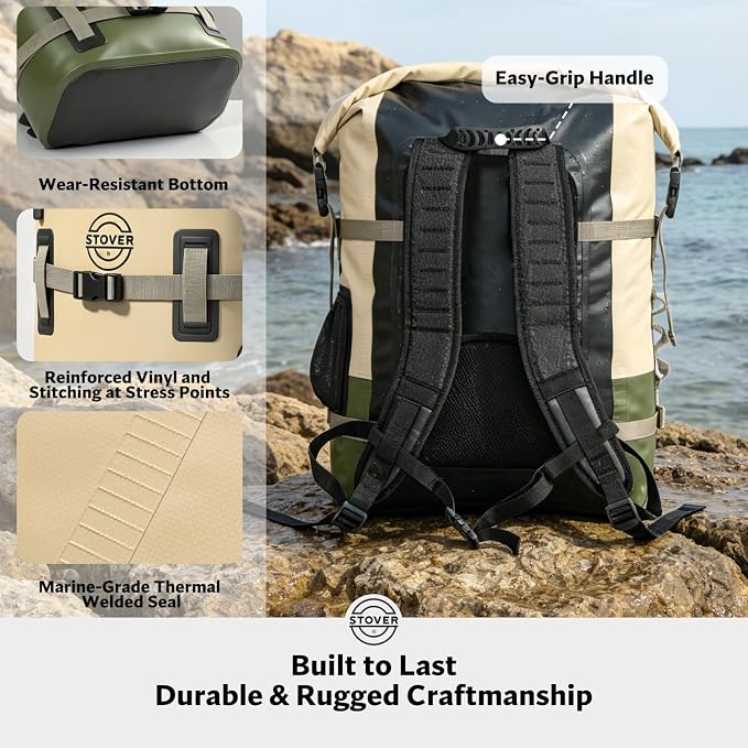 STOVER 30/40/55L Waterproof Dry Backpack & Phone Case - 2XL Floating Dry Bag for Kayaking, Travel, Hiking, Fishing, Camping, Motorcycles & Beach, Heavy-Duty Roll Top Men/Women (Tan/Army Green/Brown) - Image 6