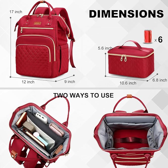 AIJIEKE Lunch Backpack for Women, 15.6 Laptop Backpack, Lunch Box, Red | Water resistant computer bag with insulated leakproof cooler. Travel meal prep backpack for nurse, teacher, college commute - Image 6
