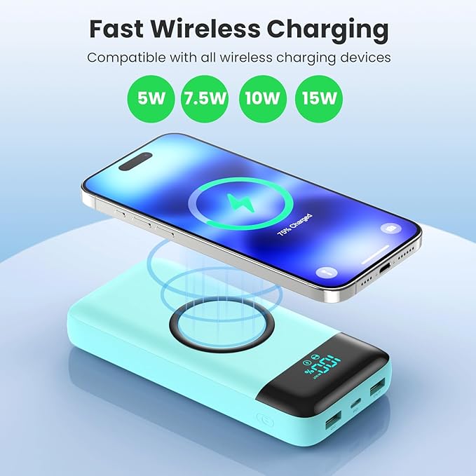 Wireless Portable Charger 40800mAh with 3 Built-in Cables,7-in-1 15W Wireless Charging Power Bank,25W PD QC 4.0 Fast Charging USB C LCD Display Battery Pack for iPhone 16/15/13,Samsung,Android-Green