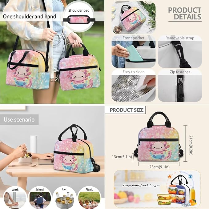 4 in 1 Kids Backpack Bookbag Set Cartoon Axolotl Backpacks School Bookbag with Lunch Box Bag and Pencil Bag Water Bottle Carrier Bag Set for Kids Teen Girls - Image 7