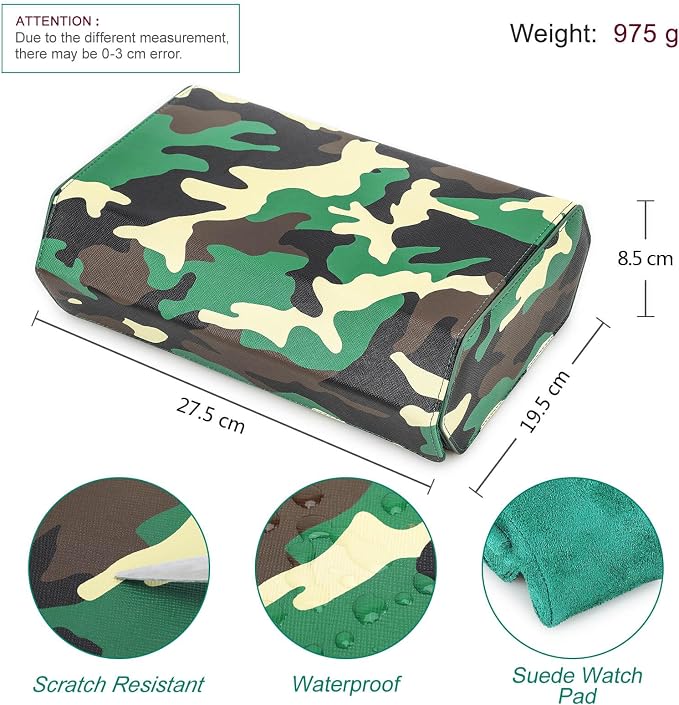 Hiram Genuine Leather Hexagon Watch Roll Travel Case, Military Camouflage Leather 8-Watches Roll Case with Removable Pillow Cushion for Treasured Watches and Bracelets-Camouflage Green - Image 3