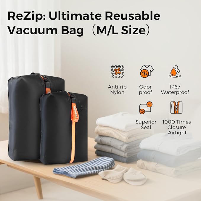 Aerogogo ReZip Vacuum Bags for Travel Luggage Reusable Compression Bags Vacuum Seal Packing cube for Cloth Packing (Large+Pump) - Image 2