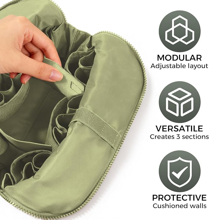 Travel Makeup Organizer Bag with Fold-Down Design and Adjustable Dividers, 27 Pockets & 3 Brush Storage Holders, Large Capacity Cosmetic Bags Toiletry Case - Dark Green - Image 5