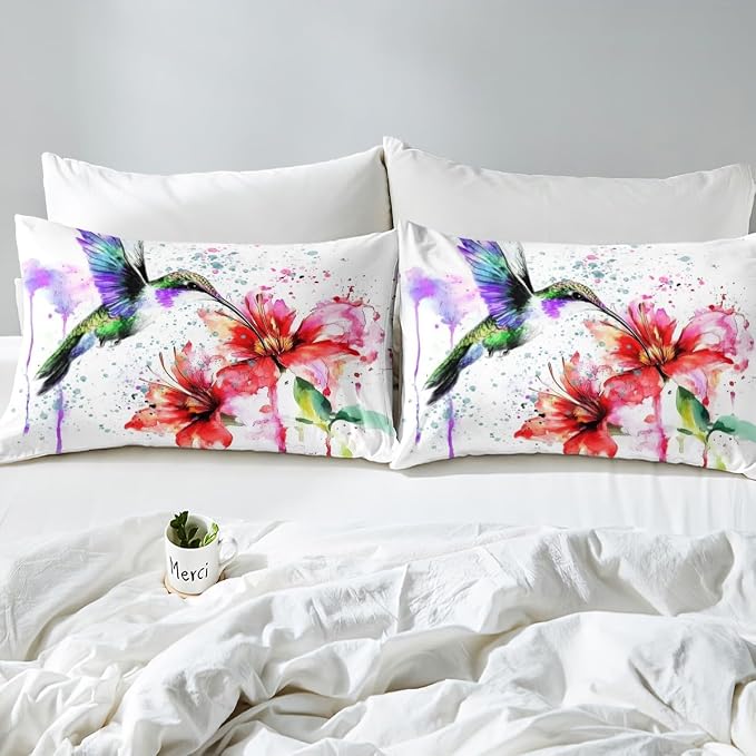 Hummingbird Duvet Cover Red Lotus Comforter Cover for Boys Girls Child Kids Colorful Tie Dye Bedding Sets,Vintage Abstract Art Design Duvet Cover Flowers Rustic Style Duvet Cover, Queen Size - Image 5
