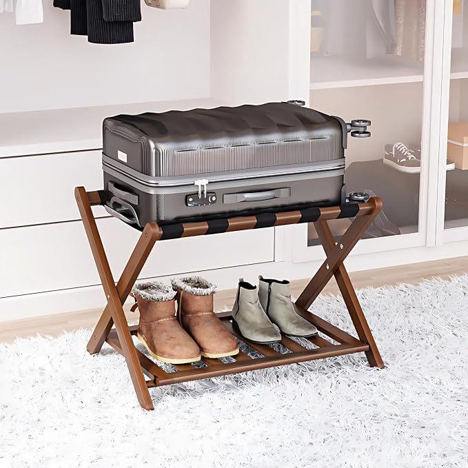 Smart FENDEE Fully Assembled Bamboo Luggage Rack, Walnut Folding Suitcase Stand with Shoe Shelf, Heavy-Duty Luggage Holder for Guest Room Must Haves, Bedroom, Hotel, 1 Pack by SmartFENDEE