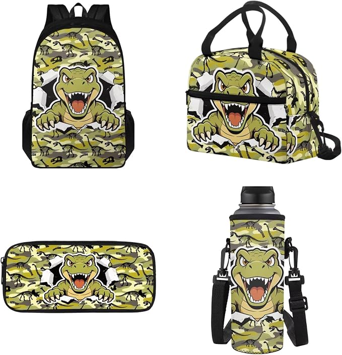 Dinosaur Backpack Set for Boys, Kids Casual School Bags Daypack Book Bag Set with Insulated Lunch Bag Pencil Pouch Water Bottle Bag 4 Pcs Set by Tomeusey