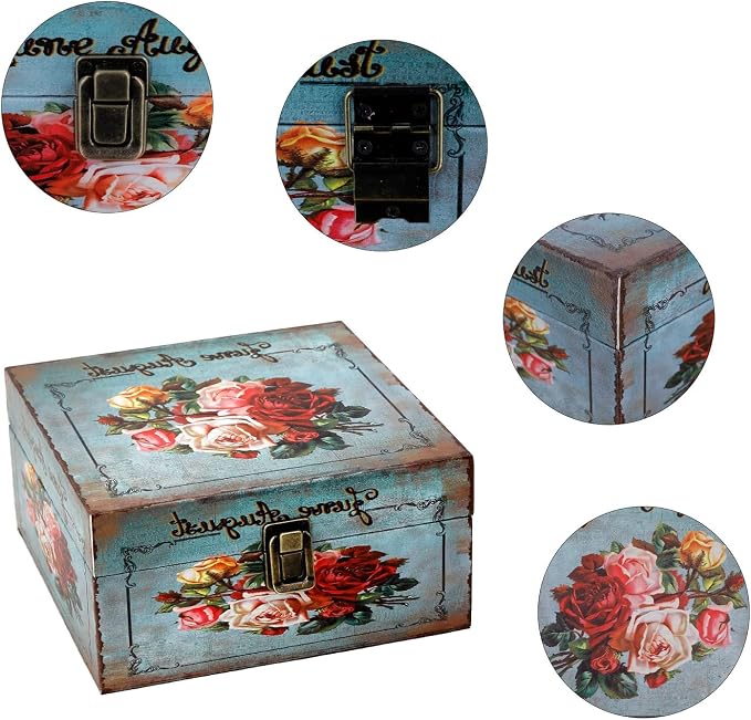 Jolitac Wood Storage Box Set of 3, Vintage Decorative Nesting Boxes Wooden Treasure Storage Crates With Latch, Home Decor Rustic Antique Boxes With Lid for Photos, Jewelry, Cash (Bloom) - Image 6