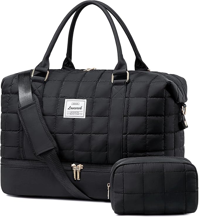 LOVEVOOK Large Duffle Bag for Travel, Puffer Weekend Bags for Women Travel Tote, Carry on Duffel Bag for Airplanes, 18 Inch Personal Item Bag Gym Bag Women, Black by LOVEVOOK