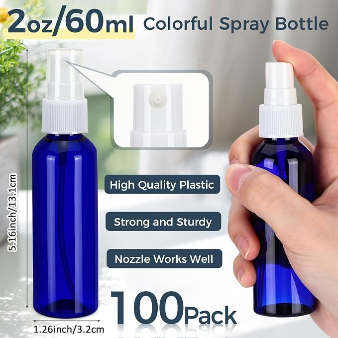 LemonRoad 100 Pack 2 oz Mini Spray Bottles Bulk Small Plastic Fine Mist Spray Bottles Leak Proof Mini Empty Refillable Travel Size Amber Blue Black Fine Mist Sprayer Bottle for Hair, Cleaning - Image 2