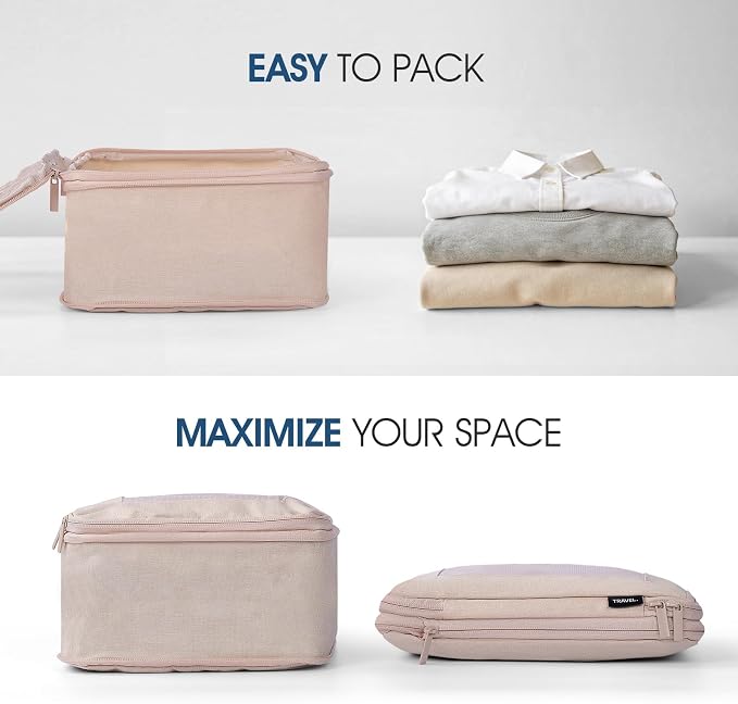 Compression Packing Cubes - Travel Organizer Bags for Suitcases and Luggage, Eco-Friendly Fabric (5-Pack) (Beige) - Image 3