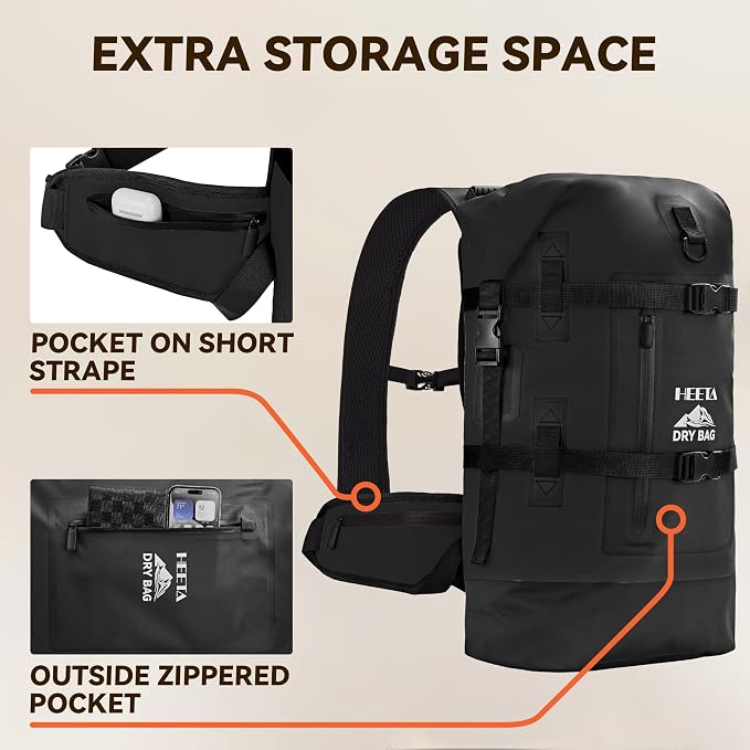 HEETA Dry Bags Waterproof Backpack 40L for Men & Women, Roll Top Heavy Duty Cushioned Hiking Backpack for Kayaking Boating Paddle Boarding Fishing Travel Camping Beach Vacation Cruise Ship Essentials - Image 5