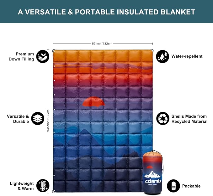 zzlamb Puffy Down Camping Blanket Water-Repellent, Down Throw Travel Blanket Portable for Outdoor, Light Warm Quilt for Couch Plane Car Theater Stadium Picnic RV Backpacking Hammock - Image 3
