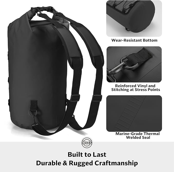 STOVER 5/10/25/30/40L Waterproof Dry Backpack & Phone Case- Large Floating Dry Bag for Kayaking, Travel, Hiking, Fishing, Camping, Motorcycles & Beach, Heavy-Duty Roll Top Men/Women (Black) - Image 4