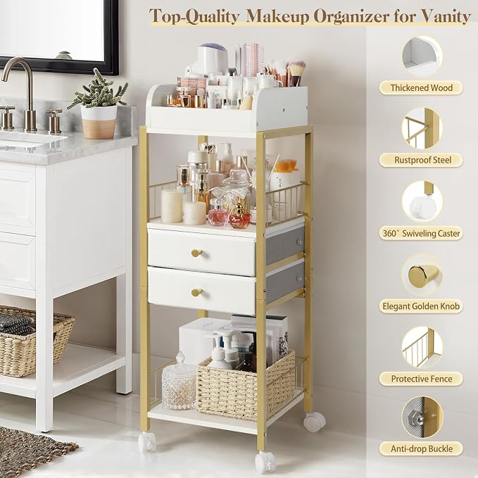 Makeup Organizer, Floor Skincare Organizers Make Up Organizers and Storage with Drawers, Vanity Organizer Cosmetics Display Cases Holder for Skin Care Nail Polish Perfume Gold - Image 5