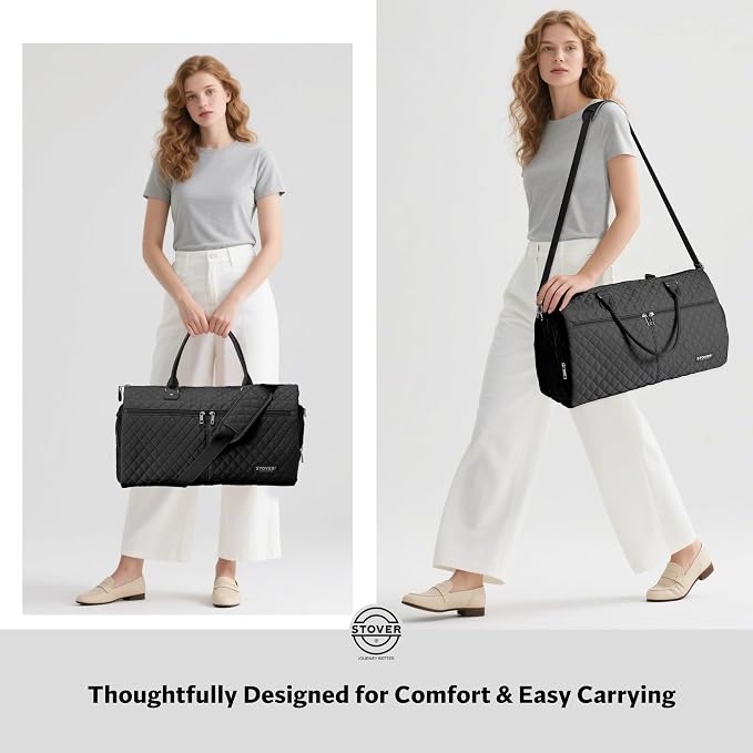 STOVER Women’s Convertible Garment Duffel Bag for Travel – 2-in-1 Carry-On Weekender/Overnight Tote - Wrinkle-Free Dresses, Suits & Clothes + Shoe Compartment & Bonus Toiletry Bag (Onyx Black) - Image 7