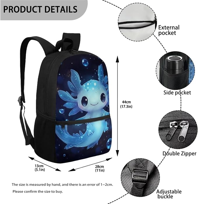Blue Axolotl Backpack with Lunch Box Kids Girls 4 Grade Elementary School Bookbag and Lunch Bag Set 3 in 1 Middle Student Back Pack 8-10/6-8/4-6 Toddler Schoolbag Lunchbox Pencil Case - Image 3