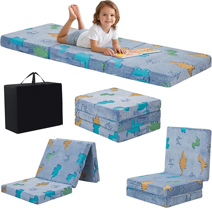 MeMoreCool Glow Dino Kids Foldable Floor Mattress Trifold, 57x22 Inch Blue | Glow dino trifold mattress for kids room, playroom, reading nook and travel by MeMoreCool