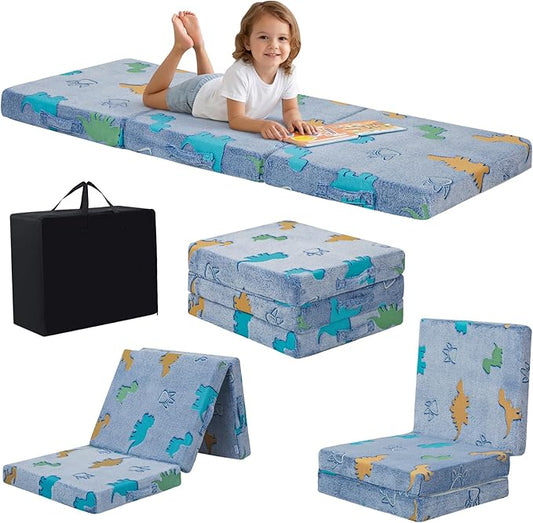 MeMoreCool Glow Dino Kids Foldable Floor Mattress Trifold, 57x22 Inch Blue | Glow dino trifold mattress for kids room, playroom, reading nook and travel by MeMoreCool